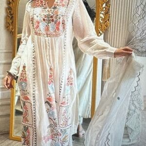 Cream Resort Wear Indian Dress with Bishop Sleeves and Scoop Neck with bottoms
